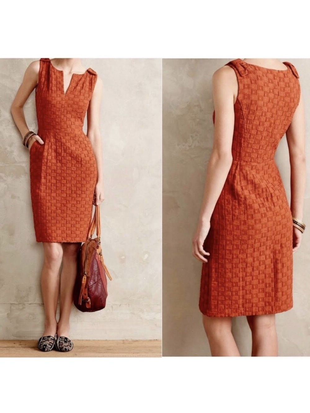 Anthropologie Tabitha Tema Basket Weave Textured Terracotta Dress Size 8 Bow - Picture 6 of 16